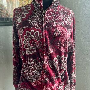 Croft & Barrow Burgundy Floral Velour Zip Up Jacket Sz Med Cozy Loungewear